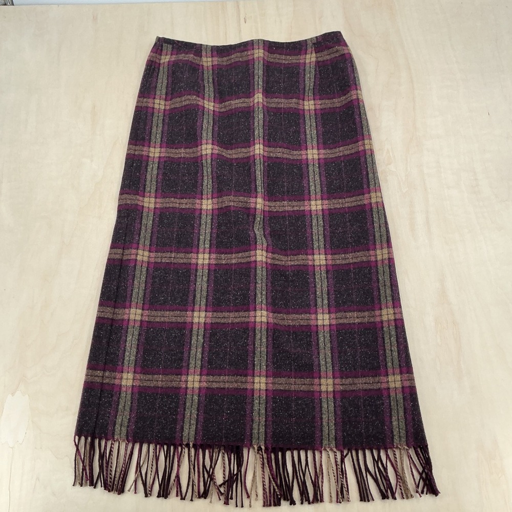 Norton McNaughton Plaid Maxi Skirt Womens 14 Purple Wool Blend Fringe Vintage